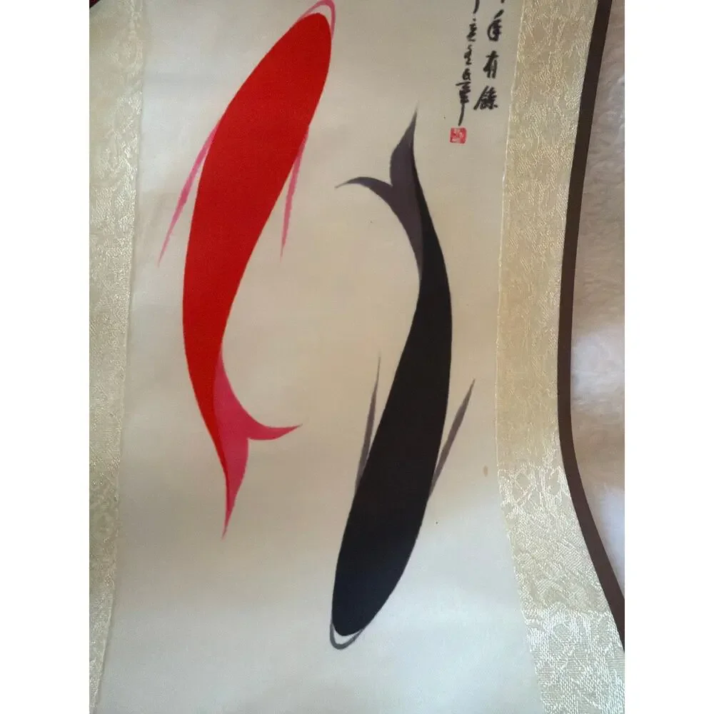 Vintage Japanese Koi Fish Hanging Scroll Silk Wall Art Kakemono Signed 16